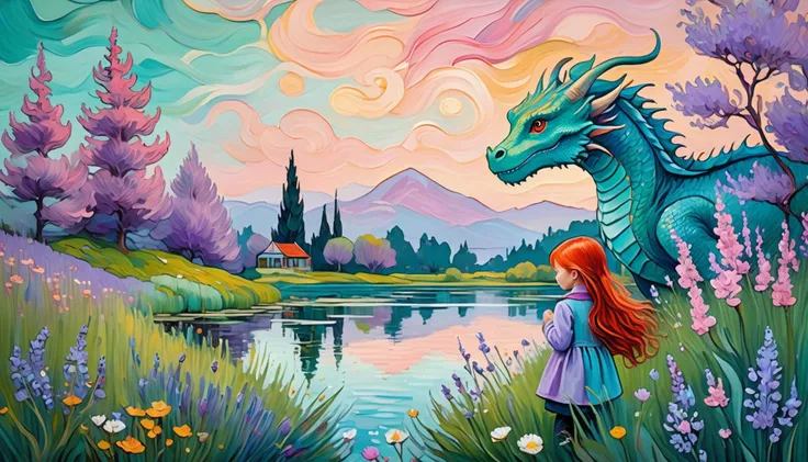 children's room painting, dragon friend with red haired little girl, from behind, facing away in meadow flowers, trees, pond, ((in aqua lavender and pink)), in the style of (van gogh)