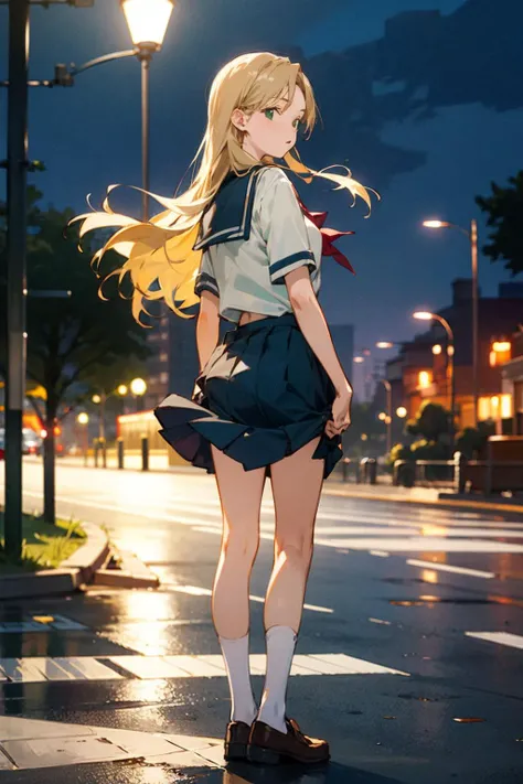 masterpiece, best quality, 1girl, solo, murashige_yuzuki, 1girl, solo, long hair, green eyes, blonde hair, upper body,school uniform,standing,fon back, (clothes lift:1.1),full body, park, night,