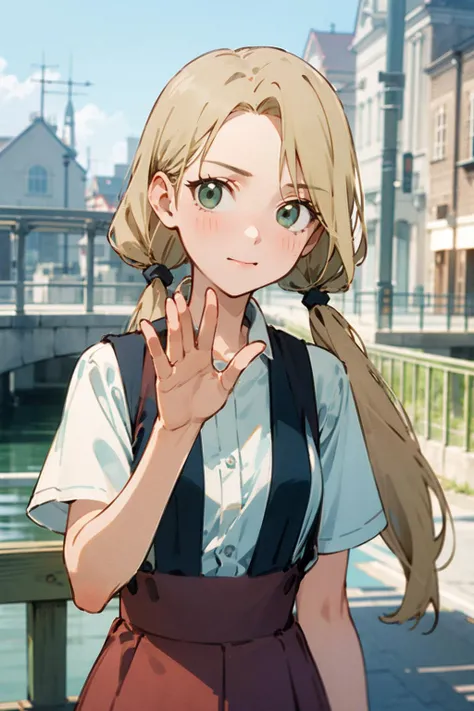 masterpiece, best quality, 1girl, solo, murashige_yuzuki, 1girl, solo, long hair, low twintails,green eyes, blonde hair, upper body, suspender skirt, waving, bridge, town