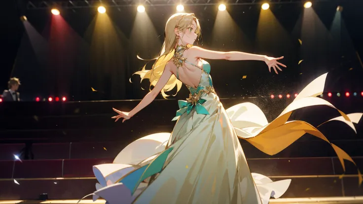 masterpiece, best quality, 1girl, solo, murashige_yuzuki, 1girl, solo, long hair, green eyes, blonde hair, upper body,evening gown,dancing,full body, stage,stage lights,