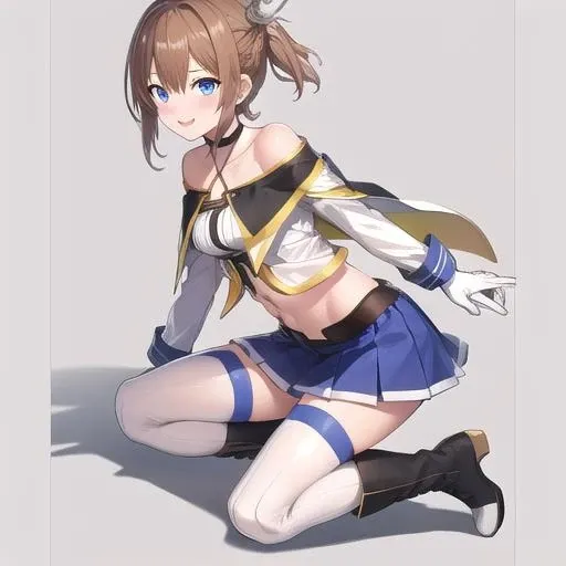 (masterpiece, best quality:1.2),illustration,8k,hd,1girl,solo,skirt,smile,brown_hair,blue_eyes,zettai_ryouiki,short_ponytail,white_thighhighs,navel,miniskirt,bare_shoulders,pleated_skirt,gloves,blue_skirt,white_gloves,hair_between_eyes,midriff,collarbone,braid,breasts,halterneck,long_sleeves,choker,shirt,capelet,crop_top,bangs,detached_sleeves,french_braid,white_shirt,short_hair,black_choker,medium_breasts,grey_hairband,stomach,grey_footwear,boots,ponytail,tareme,white_footwear,<lora:Repulse(azur):0.8>,