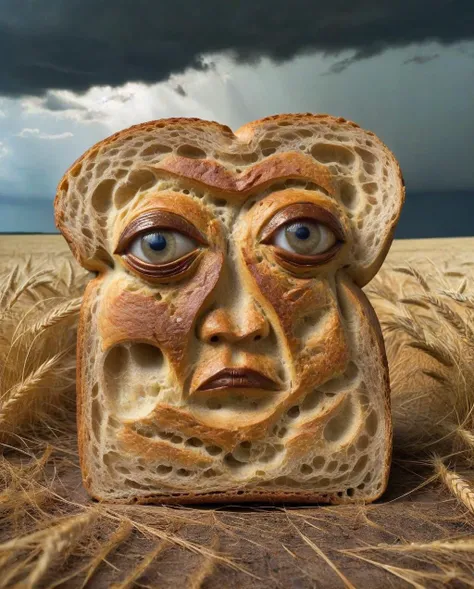 Cyclops made of bread <lora:Bread:0.75>, atmospheric, scale, order, healing, light, hope, soothing, calm, in an open field in a storm