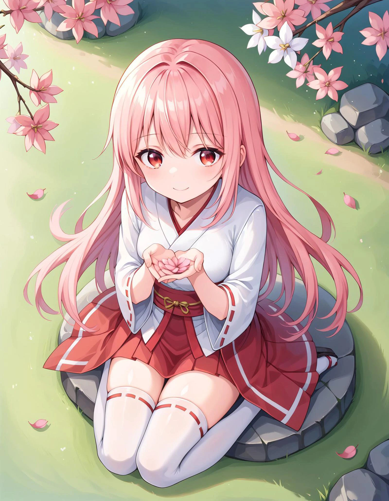 score_9, score_8_up, score_7_up, <lora:nsfw70:1>, view from above, windy, cherry blossoms, in the garden, grass, cherry blossom leaves falling down, japanese style garden,
1girl, pink hair, long hair, white miko outfit, red miko skirt, white miko thighhighs, sitting on the rock, <lora:cupping_hands:0.8>, cupping hands, solo focus, own hands together, flower in hands, red eyes, looking afar, big smile,