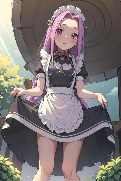 (masterpiece, 4k, best quality, highly detailed, 1girl, solo, blush, small breasts, garden, sunlight, maid, maid apron, maid headdress), <lora:Ana:0.65>, Ana, bare legs, skirt hold, very long hair, braid, from below