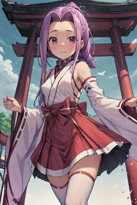 1girl, looking_at_viewer, solo, highres, masterpiece, <lora:Ana:0.65>, Ana, (pink hair:0.6), (purple hair:0.7), braided ponytail, small breasts, closed mouth, embarrassed, (child), (miko), shrine, detached collar, detached sleeves, hakama, hakama skirt, japanese clothes, kimono, red_tassei