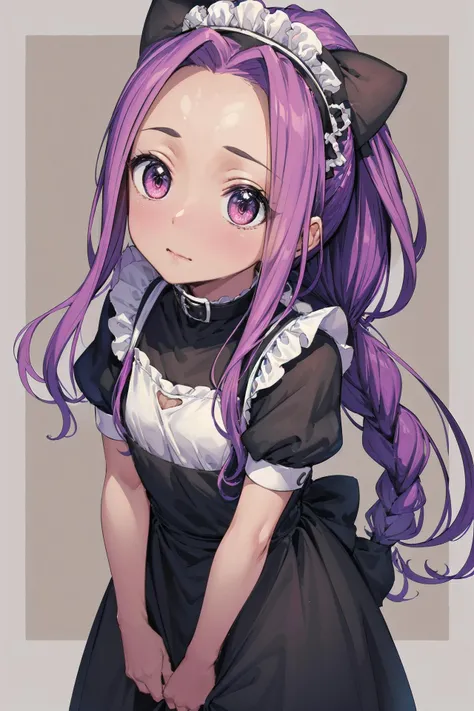 1girl, looking_at_viewer, solo, highres, masterpiece,  <lora:Ana:0.65>, Ana, (pink hair:0.6), (purple hair:0.7), braided ponytail, small breasts, closed mouth, embarrassed, (child), maid apron, maid headdress,