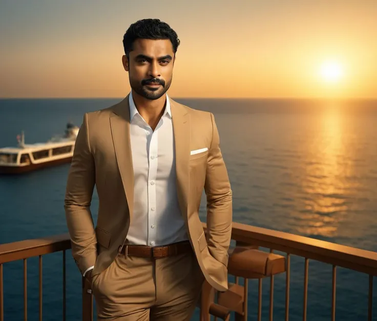 Nautical-themed (Photo:1.3) of (Ultrarealistic:1.3) <lora:Man_Men_FFashion:1> rege-jean page a man <lora:Tovino-Thomas_Rege-Jean-Page:1> in a tan suit standing on a balcony, sun behind him, inspired by Pablo Munoz Gomez, shot at golden hour, editorial photograph, midshot of a hunky, by Roman Bezpalkiv, by Artur Tarnowski, maxim sukharev, by Gabor Szikszai,Highly Detailed,(Mono Color:1.3) . Sea, ocean, ships, maritime, beach, marine life, highly detailed