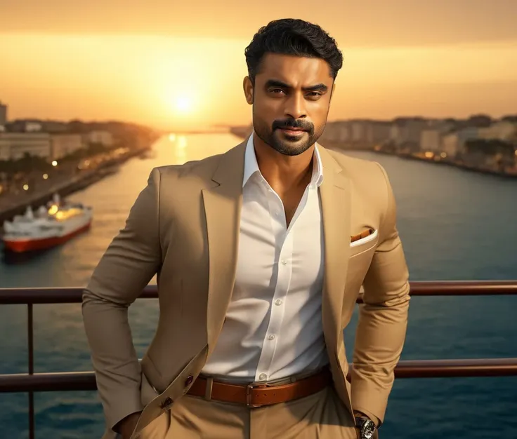 Nautical-themed (Photo:1.3) of (Ultrarealistic:1.3) <lora:Man_Men_FFashion:1> rege-jean page a man <lora:Tovino-Thomas_Rege-Jean-Page:1> in a tan suit standing on a balcony, sun behind him, inspired by Pablo Munoz Gomez, shot at golden hour, editorial photograph, midshot of a hunky, by Roman Bezpalkiv, by Artur Tarnowski, maxim sukharev, by Gabor Szikszai,Highly Detailed,(Mono Color:1.3) . Sea, ocean, ships, maritime, beach, marine life, highly detailed