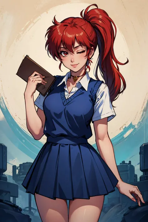 masterpiece, best quality, asagiri youko, choker, sweater vest, white shirt, pleated dress, school, cowboy shot, looking at viewer, one eye closed, one eye open, smile <lora:youko-nvwls-v2-000010:0.9>
