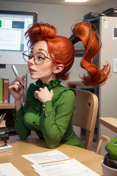 ((best quality)), ((masterpiece)), (detailed),(high-resolution:1.2), office, shy
Mme Jeanne, red hair, ponytail, glasses, green dress