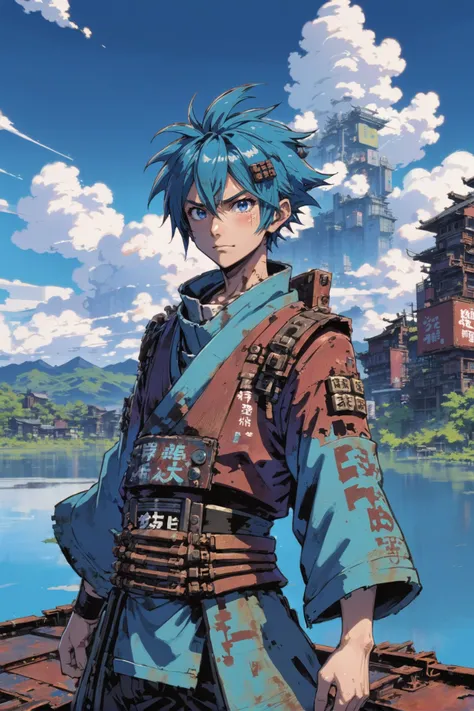 kyotopunk, zukuri, anime style, <lora:EnvyKyotopunkXL01:1><lora:EnvySendNoodzXL01:0>1boy, man, ruggedly handsome, morning, blue sky, clouds, scenery, in a rusty Elemental Spirit Lakes<lora:EnvyBetterHiresFixXL01:0:hr=1>