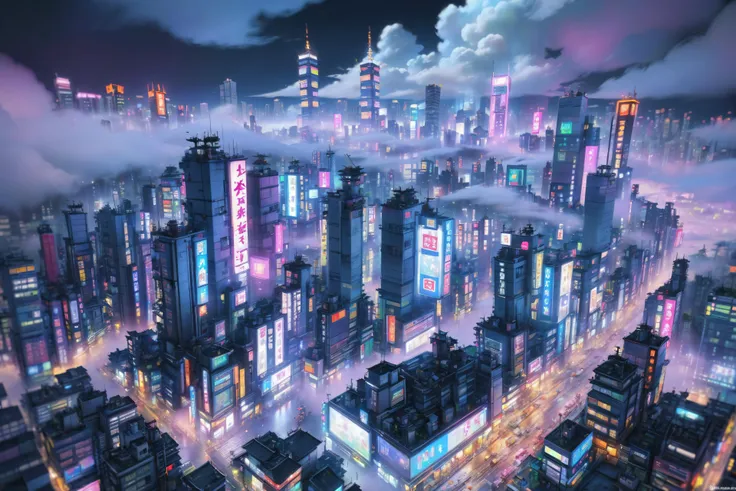 kyotopunk city, neon lights, hologram, highrises <lora:d\EnvyTinyWorldsXL01:1> tilt-shift digital painting, clouds, fog, night, scenery<lora:EnvyKyotopunkXL01:0.8>, (masterpiece:1.2), best quality, (hyperdetailed, highest detailed:1.2), high resolution textures, <lora:EnvyBetterHiresFixXL01:1>