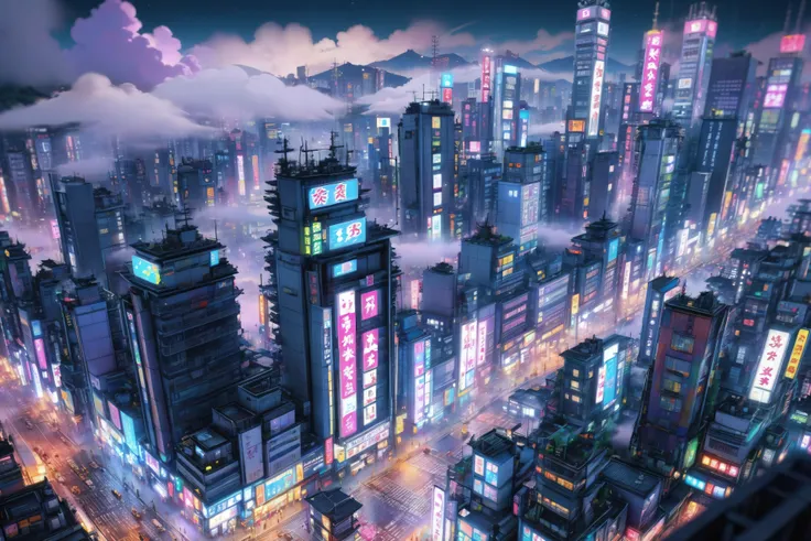 kyotopunk city, neon lights, hologram, highrises <lora:d\EnvyTinyWorldsXL01:1> tilt-shift digital painting, clouds, fog, night, scenery<lora:EnvyKyotopunkXL01:0.8>, (masterpiece:1.2), best quality, (hyperdetailed, highest detailed:1.2), high resolution textures, <lora:EnvyBetterHiresFixXL01:1>