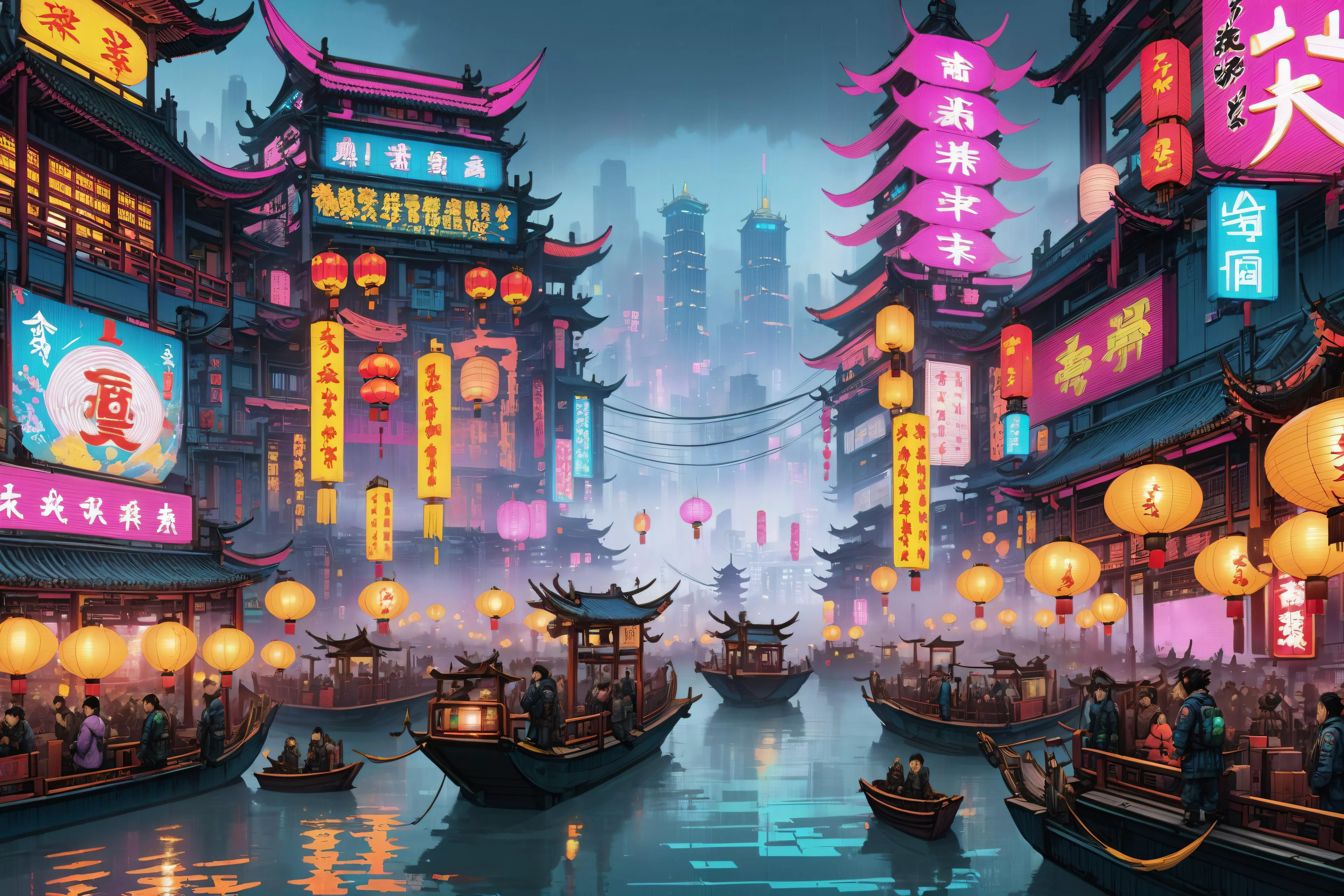Chinese floating festival, (cyberpunk:1.1), (neon signs:1.2), lanterns , fog, lots of boats, huge crowd <lora:EnvyKyotopunkXL01:0.8> kyotopunk, (masterpiece:1.2), best quality, (hyperdetailed, highest detailed:1.2), high resolution textures, <lora:EnvyBetterHiresFixXL01:1>