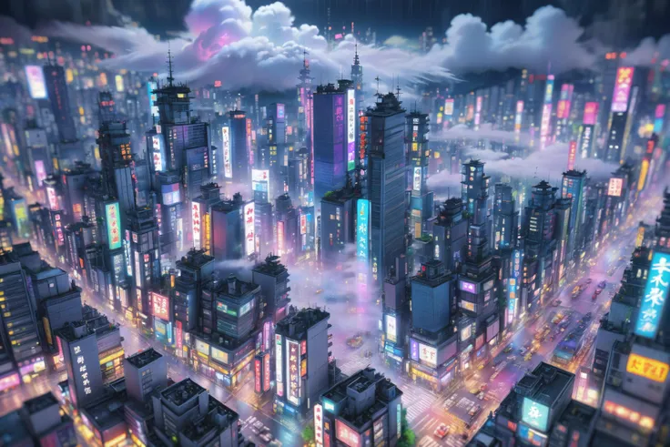 kyotopunk city, neon lights, hologram, highrises <lora:d\EnvyTinyWorldsXL01:1> tilt-shift digital painting, clouds, fog, night, scenery<lora:EnvyKyotopunkXL01:0.8>, (masterpiece:1.2), best quality, (hyperdetailed, highest detailed:1.2), high resolution textures, <lora:EnvyBetterHiresFixXL01:1>