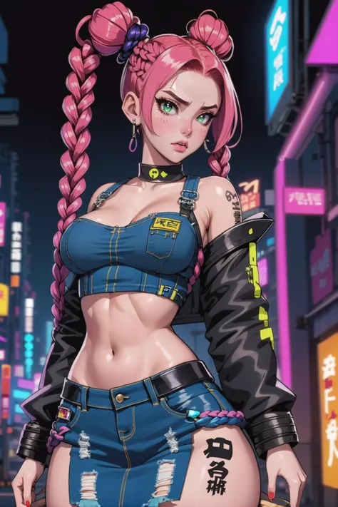 kyotopunk, cyberpunk, anime style, <lora:EnvyKyotopunkXL01:0.7><lora:EnvySendNoodzXL01:0>1girl, woman, punk bad girl, cameltoe, [:wild, seductive costume design,:0.2], bombshell punk hair, neon sunset hair, U-cut, denim skirt, bombshell hair, neon crimson hair, french braids,Tri-Braided Bun, thick thighs, narrow waist, japanese<lora:EnvyBetterHiresFixXL01:0:hr=1>