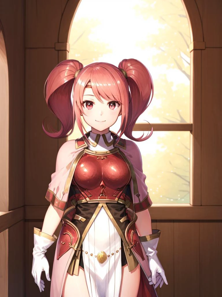 <lora:Mae_FE-10:0.9>, mae fe, 1girl, solo, looking at viewer, smile, school hallway, windows, HDR, gloves, twintails, closed mouth, pink eyes, armor, capelet, breastplate
