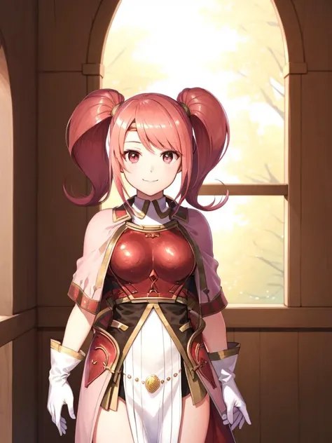<lora:Mae_FE-10:0.9>, mae fe, 1girl, solo, looking at viewer, smile, school hallway, windows, HDR, gloves, twintails, closed mouth, pink eyes, armor, capelet, breastplate