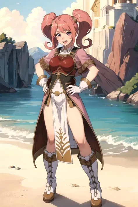 masterpiece, best quality, mae fe, looking at viewer, smile, open mouth, scenery, dress, full body, boots, armor, pelvic curtain, hands on hips, circlet, headband, <lora:otakoMae_v2:0.75>