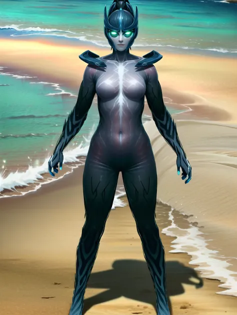 best quality, masterpiece, highres, absurdres, phantom assassin arcana, facing viewer, beach, glowing eyes, <lora:pa_arcana_v1:0.8>, full body,