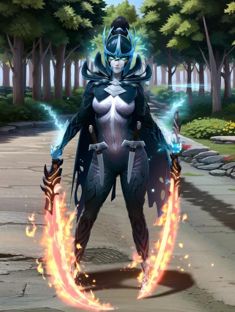 best quality, masterpiece, highres, absurdres, phantom assassin arcana, burning blades, embers, flame, fire, armor, helmet, facing viewer, holding sword, tree, road, outdoors, breasts, 1girl, dagger, facing viewer, full body, medium breasts, cape, blade, weapon, holding, solo, standing, dual wielding, holding weapon <lora:pa_arcana_v1:0.8>