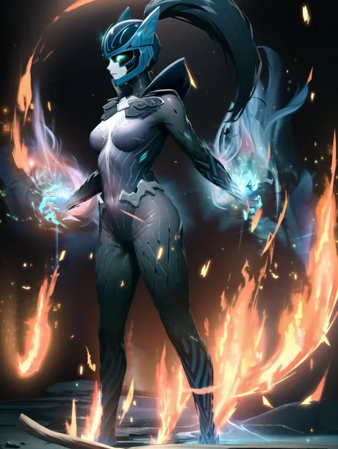 best quality, masterpiece, highres, absurdres, phantom assassin arcana, from side, facing to the side, helmet, medium breasts, 1girl, standing, breasts, full body <lora:pa_arcana_v1:0.8>, (glowing eyes:1.3), empty eyes, facing viewer, ponytail, high ponytail, night, dark, black background, simple background, blue eyes, flames around, fire, embers,transparent skin, blue skin