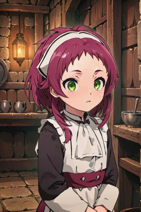 <lora:aisha-greyrat-sdxl-v10:0.7>
one 8-year old girl, (aisha greyrat), standing in a medieval tavern
she is looking at viewer,  her face is detailed and smooth, her eyes are hyper detailed, masterpiece,
long sleeves, dress, green eyes, red hair, hairband, apron, maid, white hairband, 
The soft lighting and detailed surroundings create an immersive environment where imagination runs wild,
draw it in the style of mushoku tensei,
hyper-detailed, high quality visuals, dim Lighting, sharply focused, octane render, 8k UHD