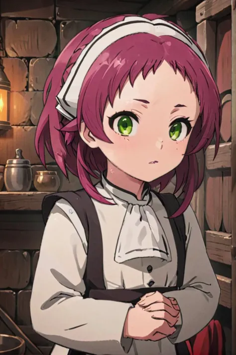 <lora:aisha-greyrat-sdxl-v10:0.7>
one 8-year old girl, (aisha greyrat), standing in a medieval tavern
she is looking at viewer,  her face is detailed and smooth, her eyes are hyper detailed, masterpiece,
long sleeves, dress, green eyes, red hair, hairband, apron, maid, white hairband, 
The soft lighting and detailed surroundings create an immersive environment where imagination runs wild,
draw it in the style of mushoku tensei,
hyper-detailed, high quality visuals, dim Lighting, sharply focused, octane render, 8k UHD