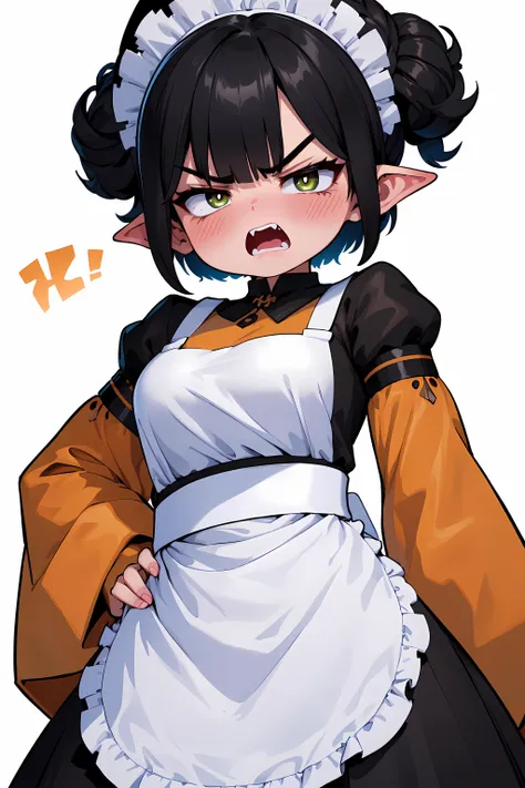 twitchemote, goblin girl, green skin, colored skin, black hair, short hair with long locks, blunt bangs, amber eyes, tsurime eyes, (angry:1.2) expression, shouting, fang, upper teeth, blush, maid apron, maid headdress, beautiful 8k wallpaper, masterpiece, best quality, cowboy shot, white background <lora:EmoteMakerLora:0.75>