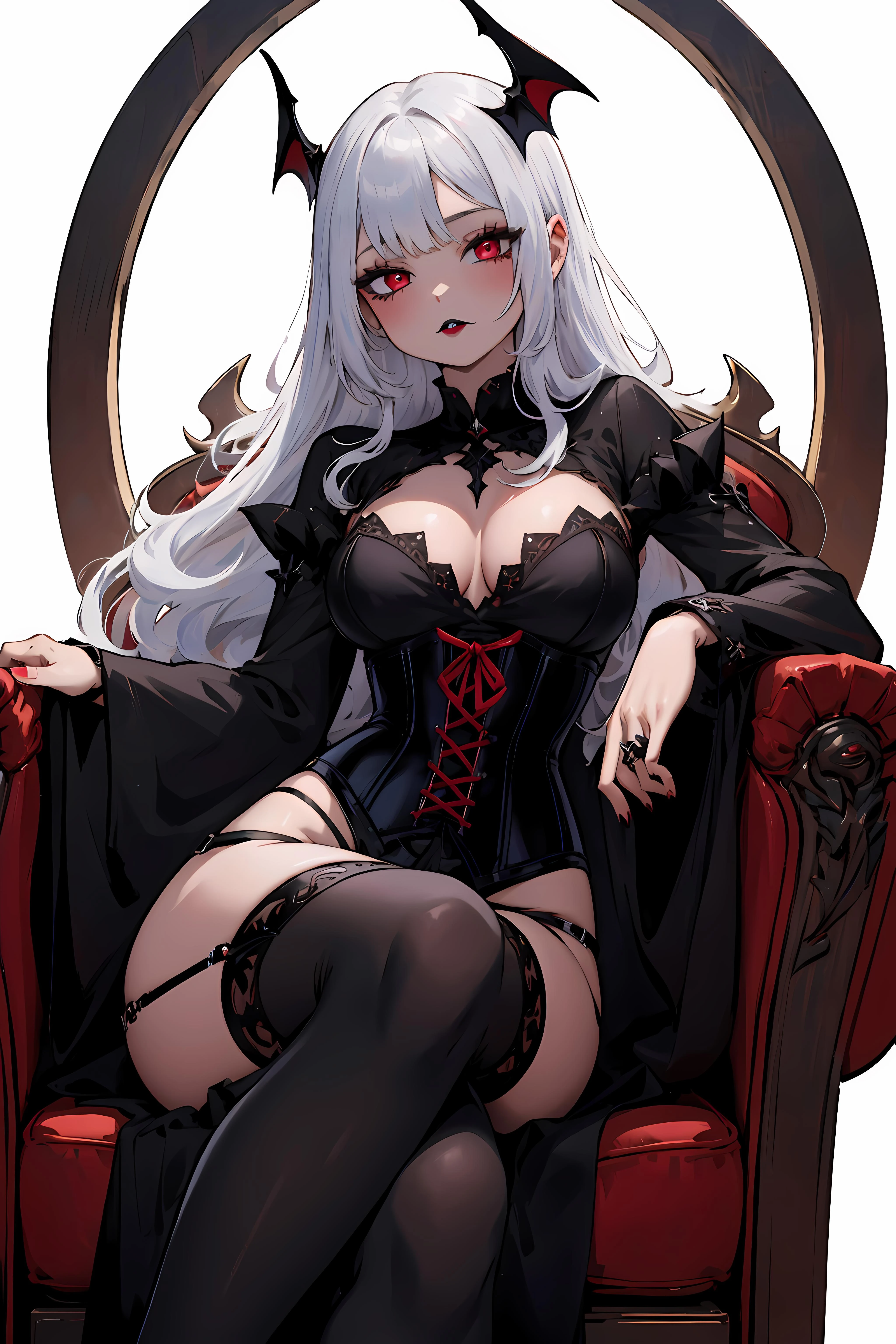 Vampire Queen, corset, throne, sitting, goth, red eyes, glowing eyes, very long hair, white hair, blood, vampire, black lipstick, 1girl, absurdres, medium soft breasts, curvy, [perfect shadows and lighting], simple background, incredible high-key lighting,