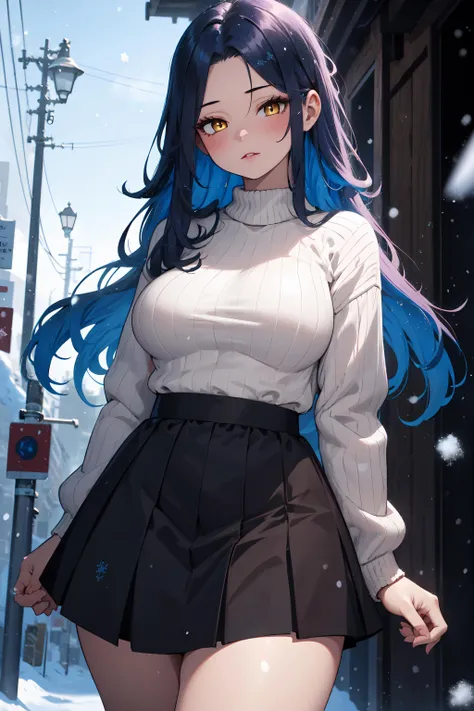 1girl, very long blue hair, yellow eyes, skirt, sweater, absurdres, medium soft breasts, curvy, [perfect shadows and lighting], detailed snowing background, incredible high-key lighting,