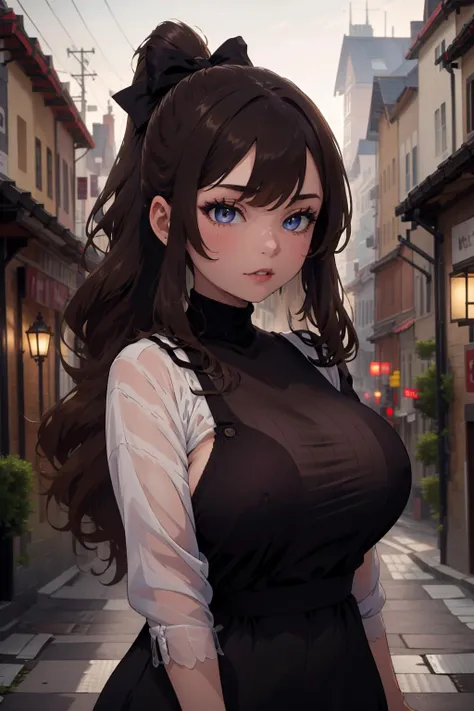 1girl, 1girl, lucy, very long hair, large breasts, swept bangs, wavy hair, ponytail, hair bow, absurdres, large soft breasts, curvy, [perfect shadows and lighting], detailed background, incredible high-key lighting,  <lora:Lucy:1>