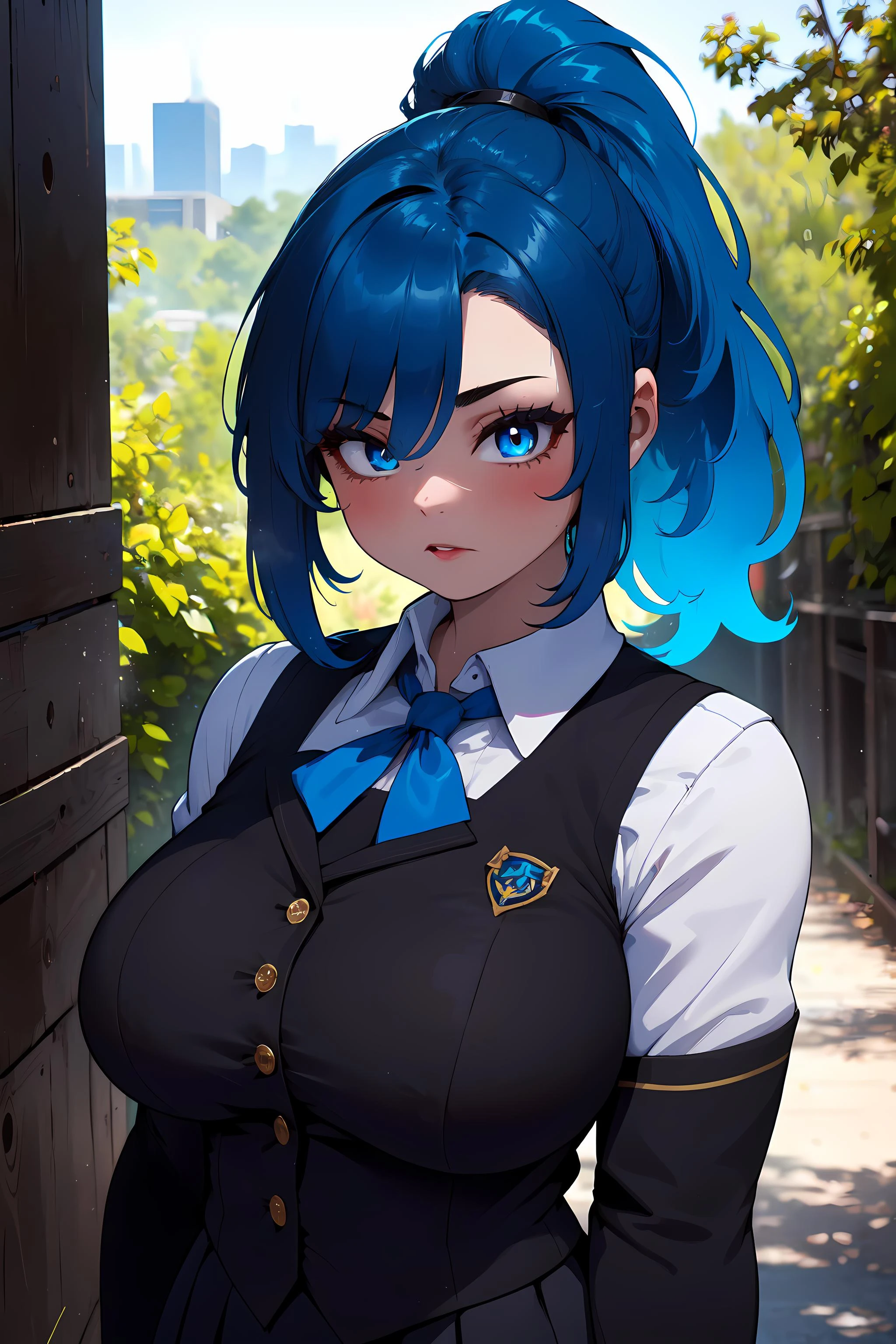 1girl, blue hair, ponytail, blue eye, school uniform absurdres, medium soft breasts, curvy, [perfect shadows and lighting], detailed outdoors background, incredible high-key lighting