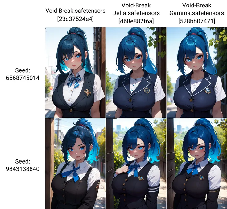 1girl, blue hair, ponytail, blue eye, school uniform absurdres, medium soft breasts, curvy, [perfect shadows and lighting], detailed outdoors background, incredible high-key lighting