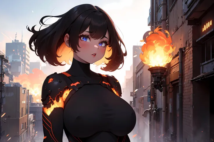 1girl, wind, light particles,  embers, glowing, scenery, absurdres, medium soft breasts, curvy, [perfect shadows and lighting], detailed cityscape background, incredible high-key lighting