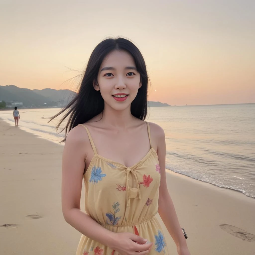 A photorealistic image of a young and adorable Korean woman walking along a sandy beach during sunset. She should be wearing a colorful sundress that flows with the wind, capturing the essence of a carefree summer day. Her facial expression should be one of joy and contentment, perhaps with a slight smile. The beach should have a beautiful sunset in the background, casting a golden glow on the water and sand. The woman's footprints should be visible in the sand behind her, and maybe she's holding a pair of sandals in one hand. The perspective should be from a slight angle, capturing her full figure as well as the expansive beach and ocean behind her., <lora:korea_cute_girl2:0.65>