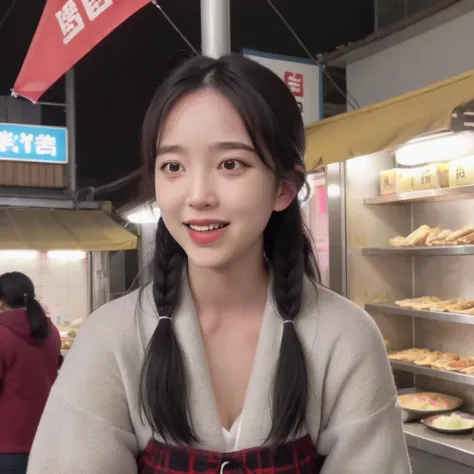 A photorealistic image of a cute Korean woman in her late teens or early twenties, dressed in a fashionable high-necked sweater. She should be standing or sitting in an urban setting, perhaps a bustling street or near a food stall. The focus should be on her enjoying a large bite of delicious street food, like a skewer or a wrap. Her expression should be one of delight and satisfaction, capturing the joy of the moment. The background should be slightly blurred to keep the focus on her, but still detailed enough to give a sense of the lively urban environment. The lighting should be natural and flattering, highlighting her features and the food she's enjoying. <lora:korea_cute_girl2:0.75>