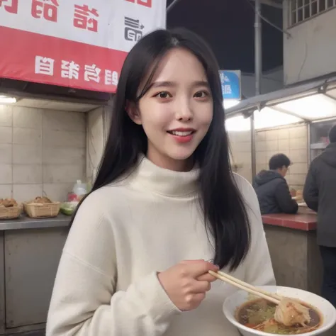 A photorealistic image of a cute Korean woman in her late teens or early twenties, dressed in a fashionable high-necked sweater. She should be standing or sitting in an urban setting, perhaps a bustling street or near a food stall. The focus should be on her enjoying a large bite of delicious street food, like a skewer or a wrap. Her expression should be one of delight and satisfaction, capturing the joy of the moment. The background should be slightly blurred to keep the focus on her, but still detailed enough to give a sense of the lively urban environment. The lighting should be natural and flattering, highlighting her features and the food she's enjoying. <lora:korea_cute_girl2:0.75>