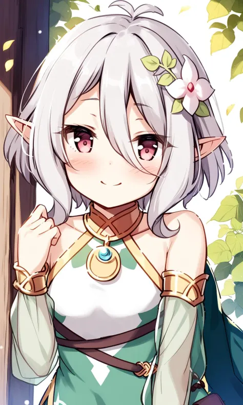 1girl, sensitive, kokkoro, princess connect!, solo, looking at viewer, blush, smile, short hair, long sleeves, hair ornament, dress, hair between eyes, closed mouth, bare shoulders, upper body, grey hair, flower, detached sleeves, sleeveless, pointy ears, puffy sleeves, hand up, hair flower, see-through, head tilt, sleeveless dress, white flower, antenna hair, elf, puffy long sleeves, see-through sleeves