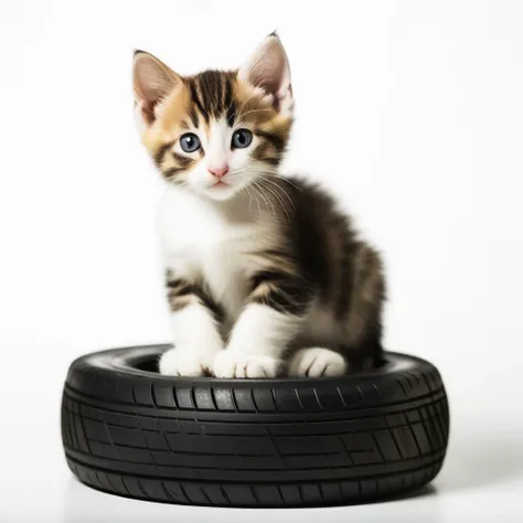 photo of a kitten sitting on a rubber tire, with a white background <lora:white_1_0:1>