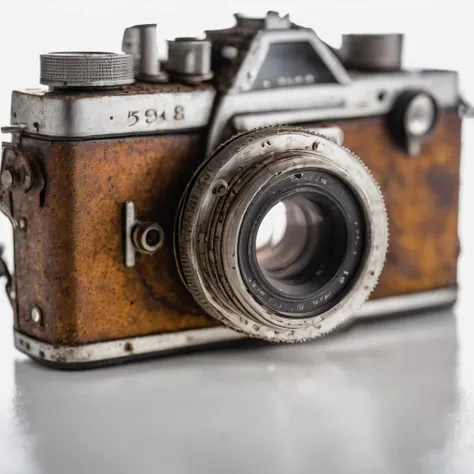 an antique 35mm camera, dirty and used, slightly damaged, torn bellows, dirty lens, slightly rusted, WITH A WHITE BACKGROUND, highres, masterpiece, 8k, 4k, (realistic photo), (photorealistic:1.2), bokeh, <lora:white_1_0:0.75>, <lora:wowifierXL:0.1>