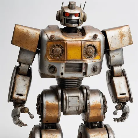a well used toy robot, japanese, from the 1970s, kaiju, dirty and damages, some rust, chips, dents, WITH A WHITE BACKGROUND, highres, masterpiece, 8k, 4k, (realistic photo), (photorealistic:1.2), bokeh, <lora:white_1_0:0.75>, <lora:wowifierXL:0.15>
