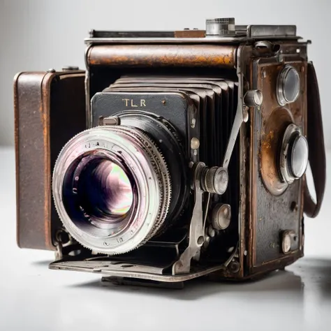 an antique twin lens reflex camera, TLR, dirty and used, slightly damaged, torn bellows, dirty lens, slightly rusted, WITH A WHITE BACKGROUND, highres, masterpiece, 8k, 4k, (realistic photo), (photorealistic:1.2), bokeh, <lora:white_1_0:0.75>, <lora:wowifierXL:0.1>