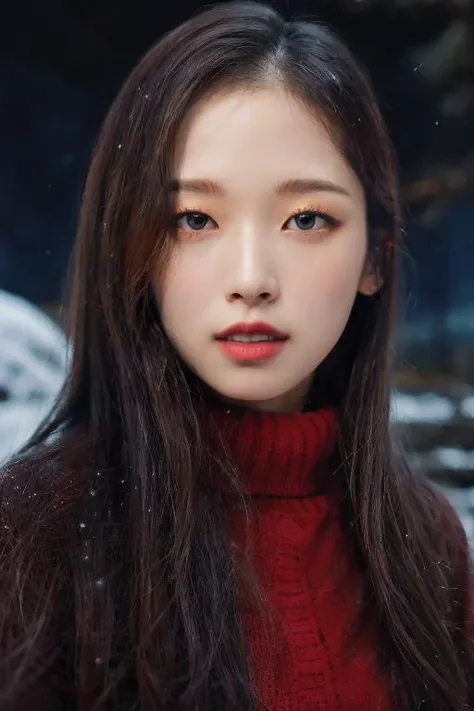 Best quality, 8k, perfect lighting, masterpiece, ultra high res, (photorealistic:1.4), raw photo,1girl, solo, realistic, looking at viewer, upper body, detailed arctic background, winter clothes, dynamic pose, snow, snowflakes, night, aurora sky, detailed oily skin, red lips,