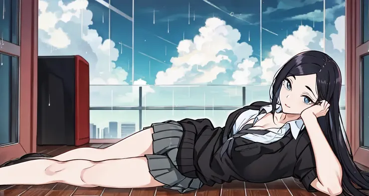 ((masterpiece)), (best quality:1.7), (detailed:1.4), (high res:1.4), 8k, 2d, high resolution, sharped image, 4k, hd, 1girl, (((solo))), toyoda_(yancha gal), black, hair, long hair, school custome, balck eyes, full body, cleavage, sitting, sharped eyes, teasing, medium breasts, black skirt, bare legs, school shoes, city, clouds, sky, rain, open legs, black cardigan, grey tones, tie, ((hands on own hips)), collarbone, looking to the side, big hips, curvy body, large legs, pleated shirt, on floor, lying, <lora:toyoda-san:0.6>, <lora:thickerLinesanimeStyle:0.6>