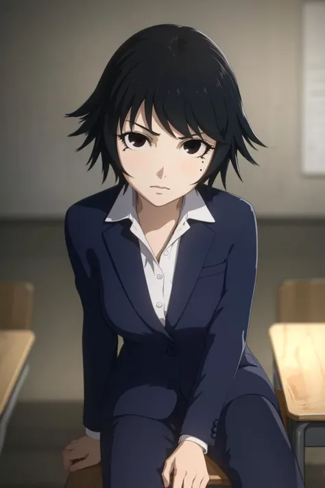 1girl, izumi shimomura, short hair, black hair, (black eyes:1.5), shirt, jacket, pants, formal, suit, mole under eye,
sitting one desk, slight smile, looking at viewer, pov, blush, medium breasts, solo focus, floating hearts,
masterpiece, best quality, beautifully detailed background, cinematic lighting, particles, school, classroom, night, dark,
<lora:AsouSeparated:0.8>, <lora:GoodHands-vanilla:1>, <lora:izumishimomura-lora-nochekaiser:0.8>