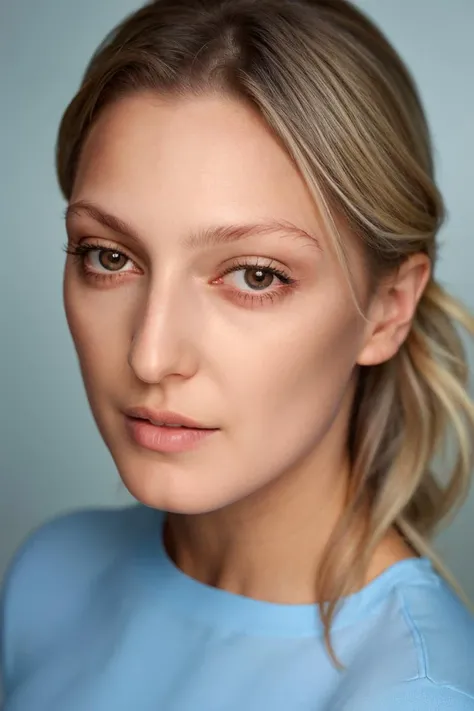 1girl, solo, portrait, face_closeup, blue t-shirt, looking_at_viewer, simple_white_background, female focus, photorealistic, soft colors, masterpiece, high quality, (high detailed skin:1.1)
<lora:georgia_hirst_lora_v02:1> ghirst94