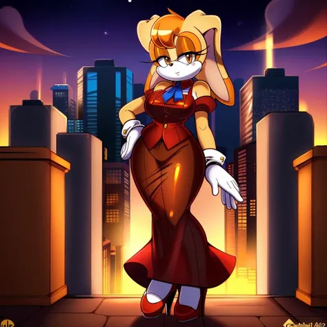 masterpiece, best quality, vanilla the rabbit, brown eyes, animal nose, sonic the hedgehog (series), short hair, orange hair, white gloves, looking at viewer, standing, red high heels, rabbit girl, medium breasts, breasts, sonic the hedgehog \(series\), furry, furry female, highly detailed, detailed background, mature female, city, buildings, outside, (uploaded on e621), (((by marthedog, by chadthecartoonnut, by avante92))), dress, blue ascot, red vest,