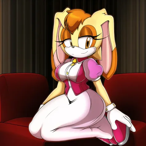 Female, Mobian, Vanilla the rabbit, smile, small breasts, wearing black bikini, sweating, wearing white cartoon gloves, wearing white socks, has thick thighs, on crossed legs, doing a pin up pose,