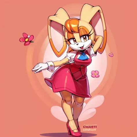 masterpiece, best quality, (uploaded on e621), (((by pixelsketcher, by pepamintop , by chadthecartoonnut, by avante92))), vanilla the rabbit, 1girl, solo, breasts, looking at viewer, smile, short hair, open mouth, skirt, brown hair, shirt, gloves, dress, standing, full body, flower, short sleeves, puffy sleeves, collared shirt, white gloves, rabbit girl, vest, arm up, high heels, puffy short sleeves, ascot, buttons, happy, pink background, pink dress, furry, pink flower, arm behind head, red vest, body fur, blue ascot, rabbit ears, animal nose, brown eyes, animal ears, furry female, sonic the hedgehog \(series\), orange hair, perfect anatomy, roses, red vest, puffy sleeves, purple dress
<lora:VanillaTheRabbitv2A:1>